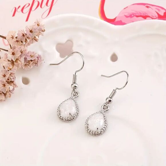 Silver Opal Teardrop Dangle Earrings Classc Crystal Drop Gemstone Pendant Charm - Picture 6 of 7